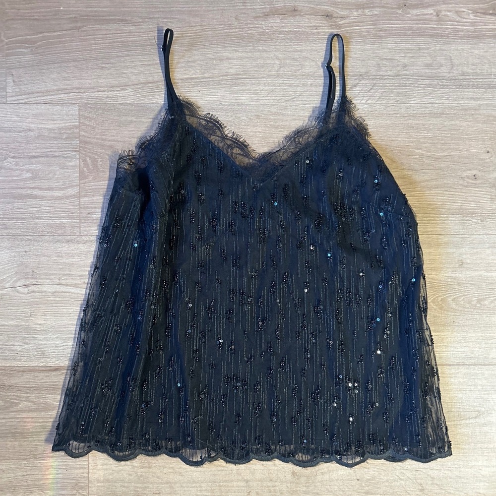 Miss Me Womens Black Sequin‎ Beaded Lace Trim Camisole Top Size M